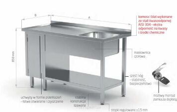 Stół ze zlewem, półką i szafką z drzwiami na zawiasach POL-216-P